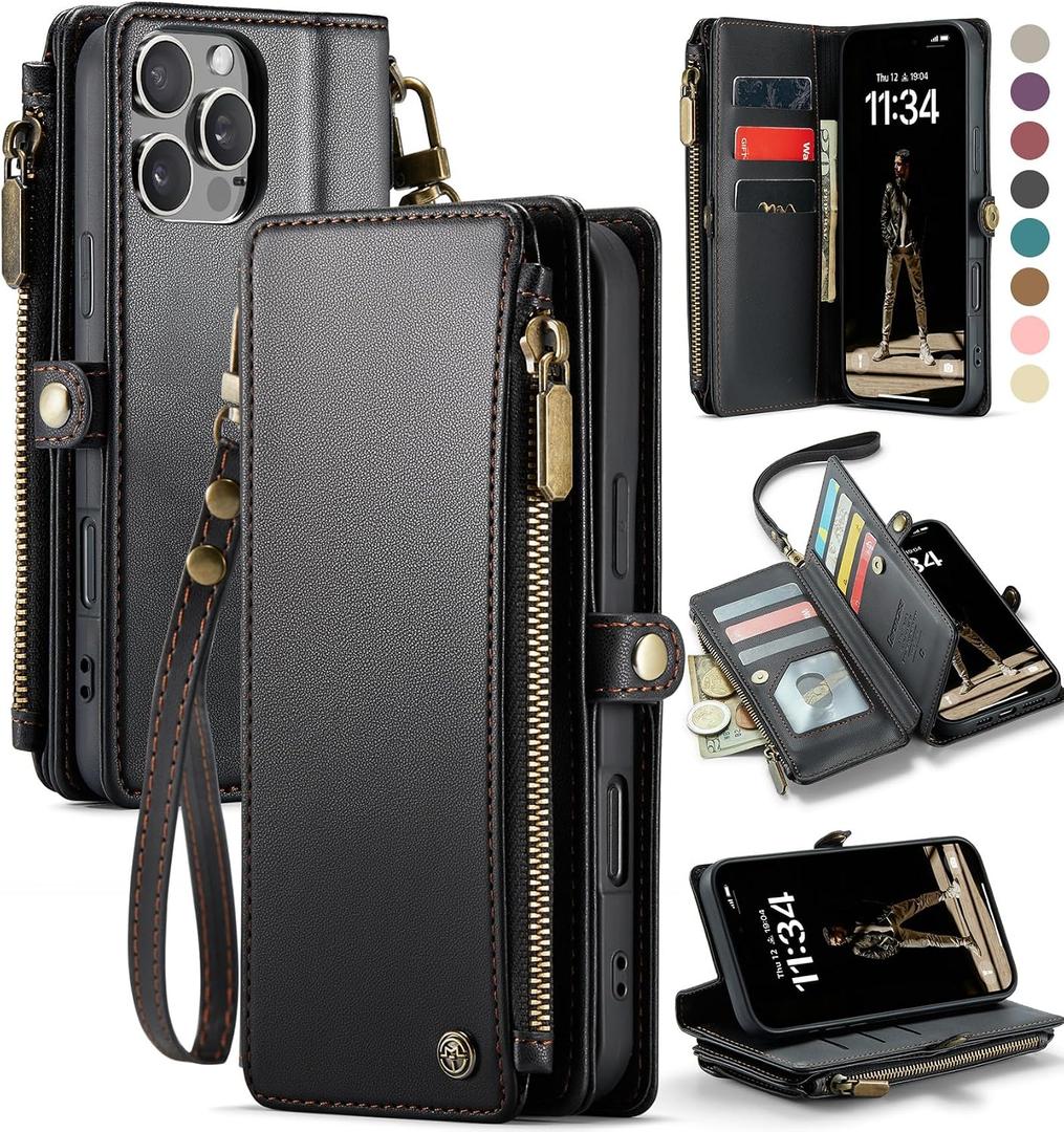 Defencase Compatible with iPhone 16 Pro Max Case Wallet with RFID Blocking Card Holder for Woman Men, PU Leather Magnetic Snap Flip Zipper Strap Wallet Phone Case Fit for iPhone 16 Pro Max 6.9", Black