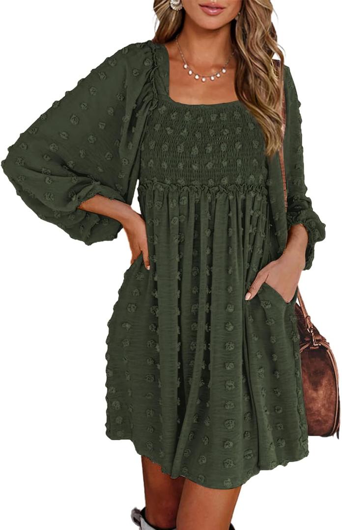 BTFBM Womens Long Sleeve Dress Vacation Square Neck Smocked Floral Swiss Dot Mini Boho Spring Wedding Guest Dresses 2026 (XX-Large, Army Green)