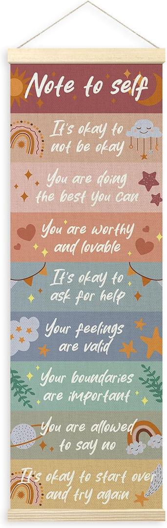 TLESKE Mental Health Wall Art Poster, Note to Self Motivational Wall Decor Hanging Poster with Hanger Frame for Therapy Office Classroom, Positive Affirmations Wall Prints Picture Framed Banner, 12x35