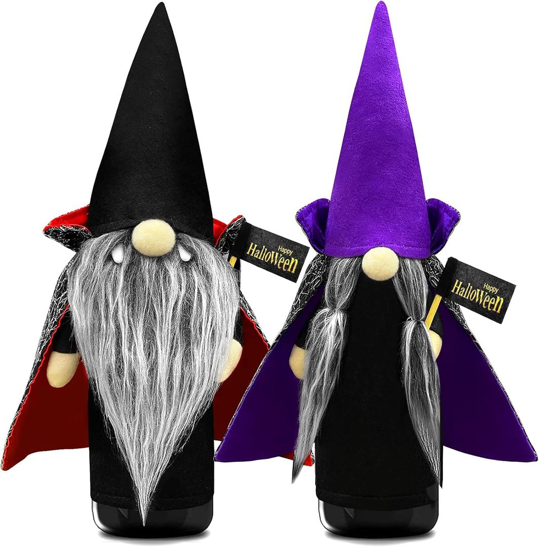 2 Pack Wine Bottle Covers for Halloween Decor, Halloween Gnomes Plush Wine Bottle Decorations Handmade Felt Wine Present Bag Gnomes Plush Gifts for Halloween Table Decorations