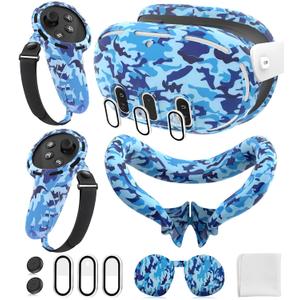 Silicone Cover Set Compatible with Meta/Oculus Quest 3 Accessories, Controller Grips, VR Shell Cover, Facial Interface Cover, Protective Lens Cover, Tempered Glass Lens Caps, Not Fit Quest 3S (Camouflage Blue)