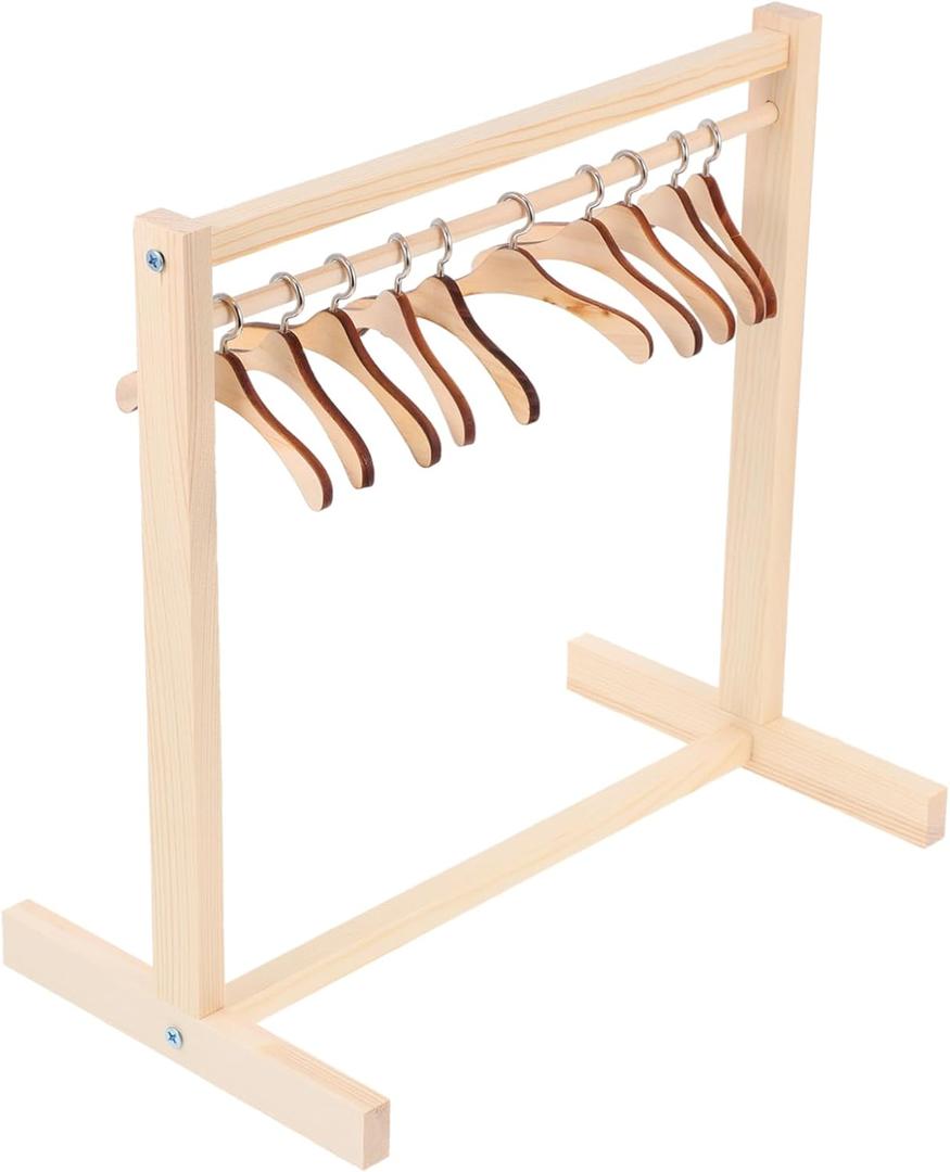 Toyvian Doll Garment Rack with Wooden Clothes Hangers 12 Inch Mini Doll Clothing Storage Organizer for Dollhouse Pretend Play Kids