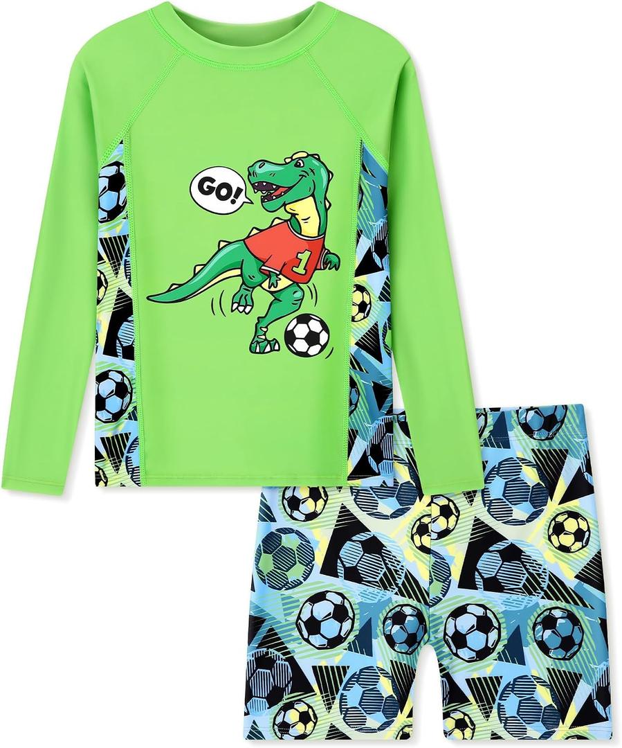 Boys Two Piece Rash Guard Swimsuits Kids Long Sleeve Printed Swimwear Sets Quick Dry Bathing Suit Boys 4-12 Years (Green)