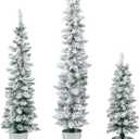 Goplus Set of 3 Artificial Snow Flocked Christmas Tree, 3' 4' 5' Slim Pencil Xmas Tree with Silver Metal Buckets, Faux Potted Christmas Trees for Front Porch Entrance Indoor Holiday Office Home Decor