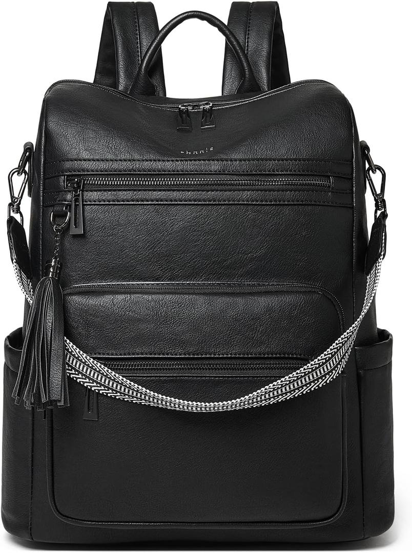 Shrrie 15.6 inch Laptop Backpack for Women,Large Leather Backpack Purse,Travel,Carry on,Water Resistant Casual Laptop Backpacks,College Backpack,Work Backpack for Women,Two-tone Black