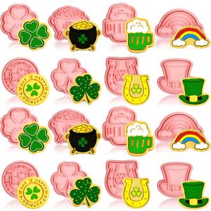 16 Pieces St. Patrick's Day Cookie Cutter 3D Plastic Cookie Stampers Shamrock Four Leaf Clover Horseshoe Beer Mug Gold Pot of Gold Rainbow Hat Biscuit Cutters for Irish Holiday Party (Elegant Style)