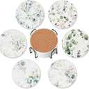 6 Pcs Drink Coasters with Holder,Abstract Watercolor Floral Green Leaves Absorbent Round Ceramic Coaster for Tabletop Protection,for Coffee Cup Beverage Coasters Wine Beer Bar