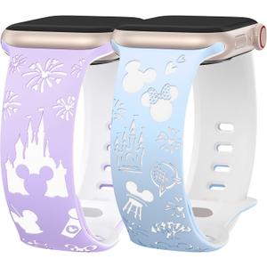 2 Packs Cartoon Engraved Band Compatible with Apple Watch Band, Women Two-Tone Cute Soft Silicone Sport Strap for iWatch, Size: 38/40/41/42mm(Series 10): 5.1"-7.5" (Lavender White/Sky Blue White)