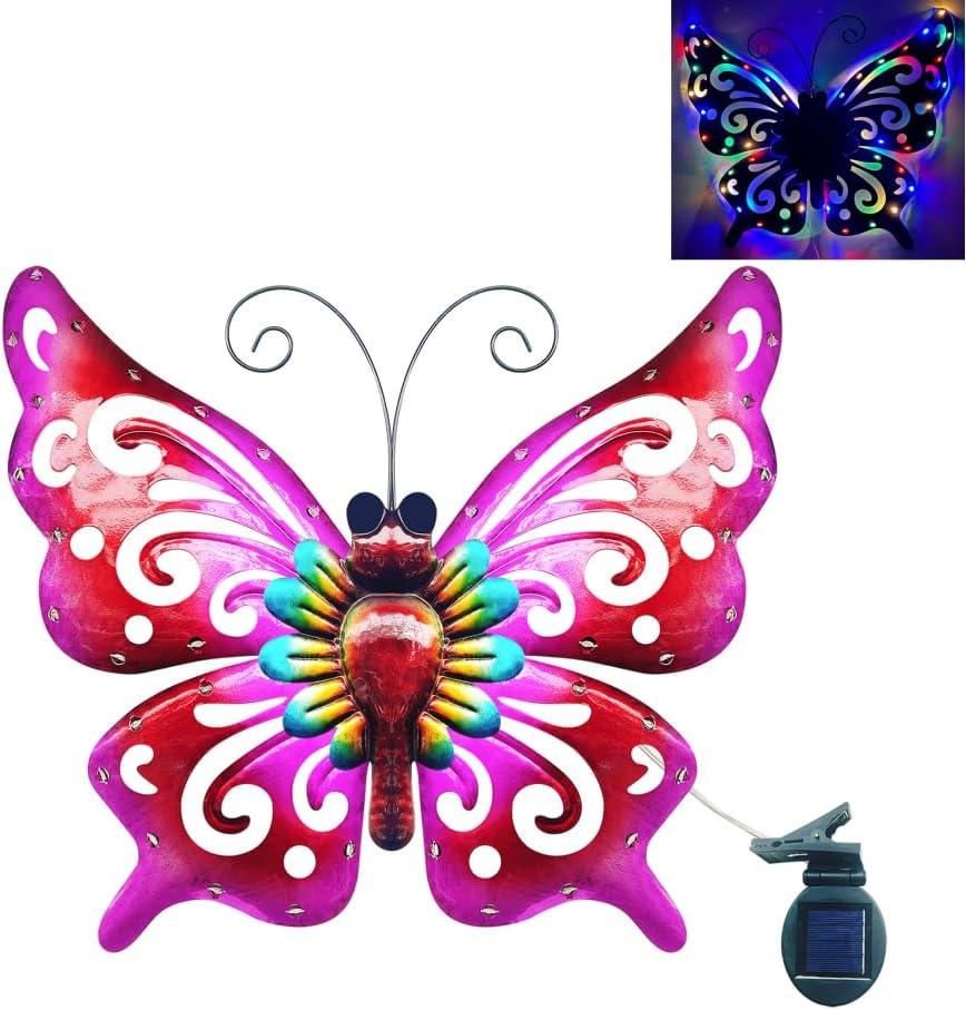 Solar Garden Light, Metal Butterfly Wall Art, 19" Large Hanging Decor for Garden Patio Fences Porch Yard Art Outdoor Wall Decor, Valentine Decorative Lighting, Housewarming Wedding Birthday Gift