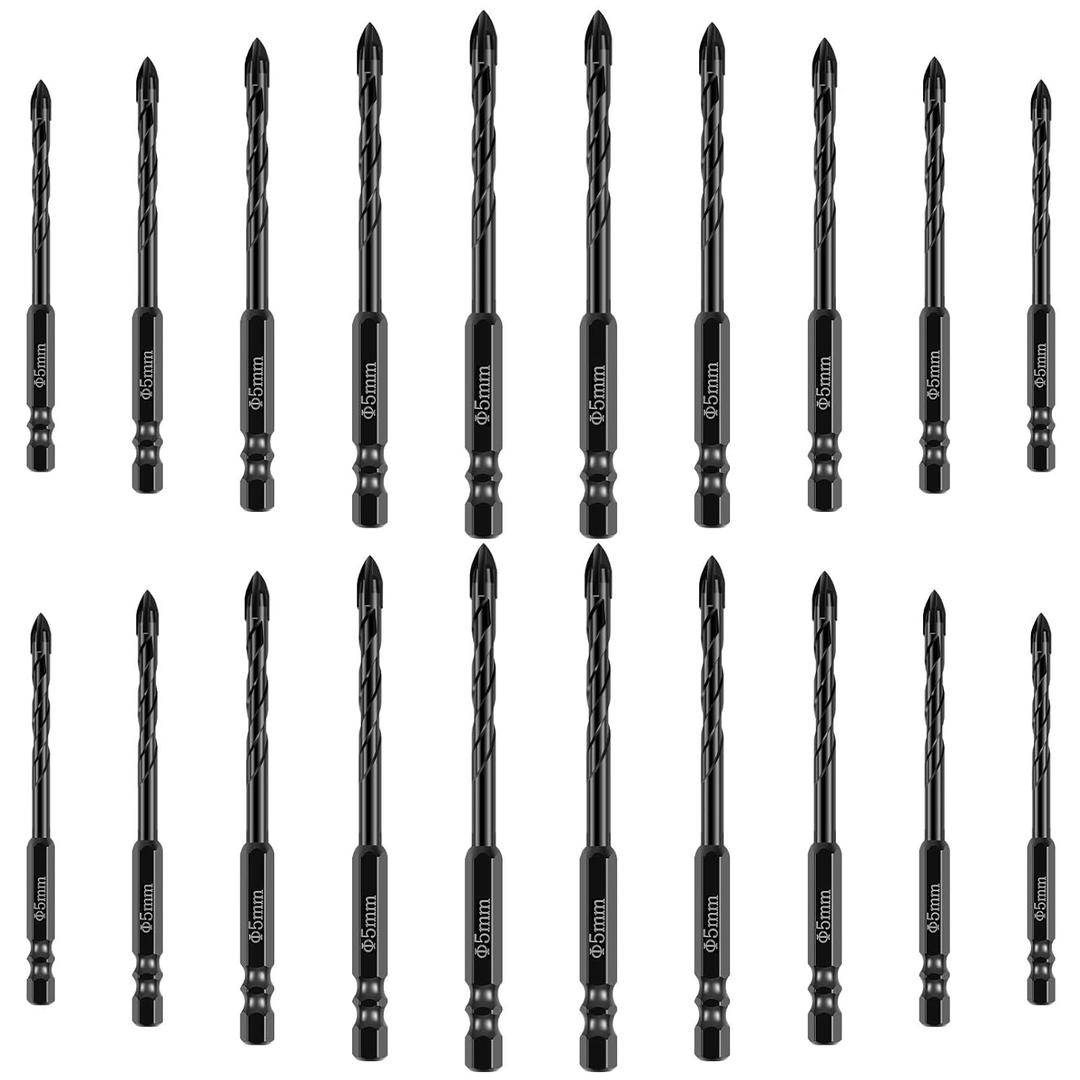20Pcs Concrete Drill Bit Set 5mm Alloy Masonry Drill Bit Set Stable Carbide Tipped Tile Drill Bit Cross Head 1/4 Hex Shank Drilling Hole Bit for Concrete Cement Brick Wood (2 Set,3/16'' 5mm,20pcs)