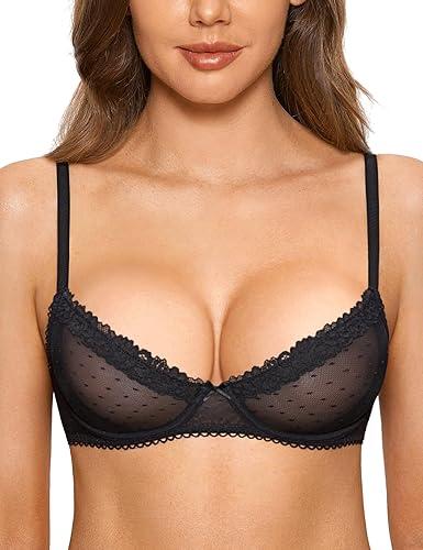 DOBREVA Women's Balconette Lace Bra See Through Demi Sheer Mesh Plus Size Underwire (Black,38DD)
