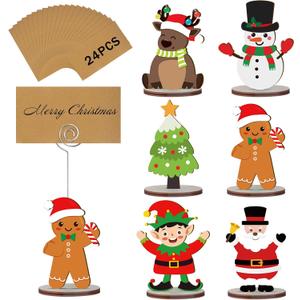 24 Pcs Christmas Wooden Place Card Holders with 30 Kraft Place Cards Santa Snowman Elk Memo Number Name Photo Picture Note Clip Holder Tabletop Stands Gifts for Xmas Party Table Decoration