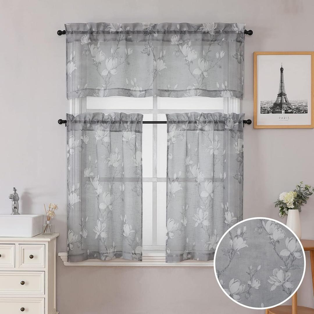 SMILE WEAVER Kitchen Curtains Tiers and Valances Set 3 Piece,Floral Short Semi Sheer Linen Curtains for Bedroom/Living Room,Light Filtering Window Drapes for Bathroom(Grey,52Wx18L&26Wx36L)