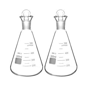QWORK 500ml Lodine Flask with Stopper, Thick Wall Flask with 24/29 Standard Conical Outer Connection, 2 Pack Heavy Duty Borosilicate Glass Erlenmeyer Flask Interchangeable Stopper, Conical Shape