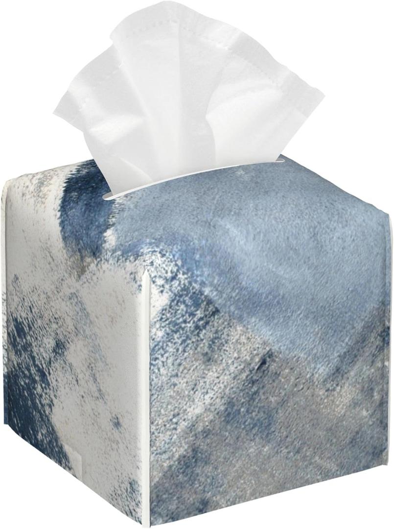 OHEGBXE Tissue Box Holder Blue and Grey Abstract Art Square Leather Tissue Box Cover Modern Cube Facial Paper Cover Case for Bathroom Vanity Countertop Night Stands Tabletop
