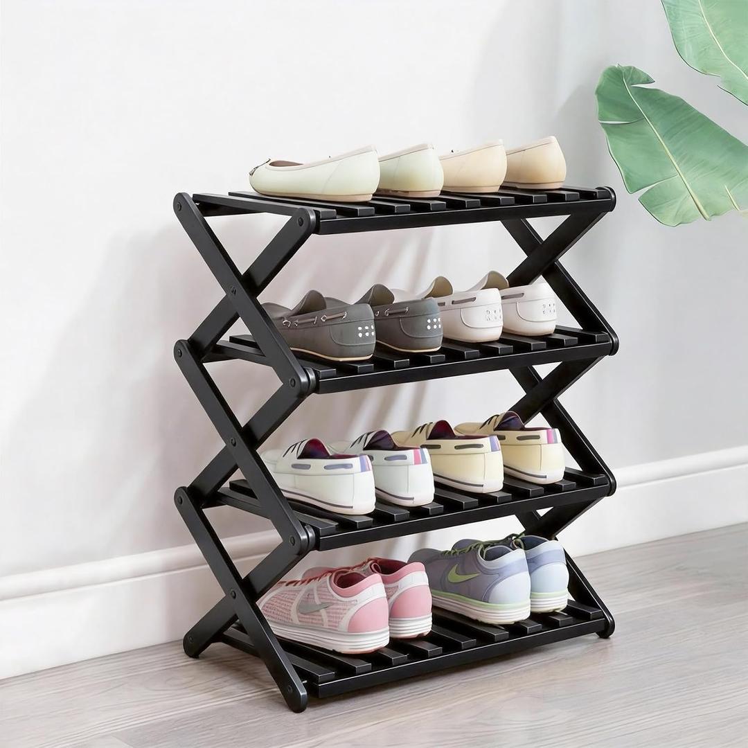 4 Tier Bamboo Shoe Rack Black,Portable Folding Shoe Storage Rack,Without Installation Small Shoe Rack Perfect for Corridors, Drom, Bedrooms and Small Spaces