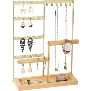 Jewelry Organizer Stand, Jewelry Holder, Lengnoy 4 Tier Earring Holder with 48 Holes and 6 Hooks Necklace Organizer Wood Box for Necklace Bracelet Earring Ring, Gold (11 IN)