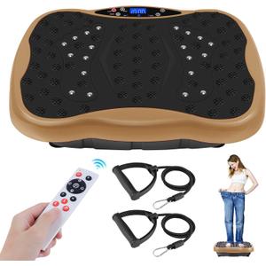 Vibration Plate Exercise Machine, Health & Fitness Full Body Vibration Platform, Portable Vibration Plate Platform for Weight Loss Home Fitness, Lymphatic Drainage, w/Resistance Bands+Remote (Gold)