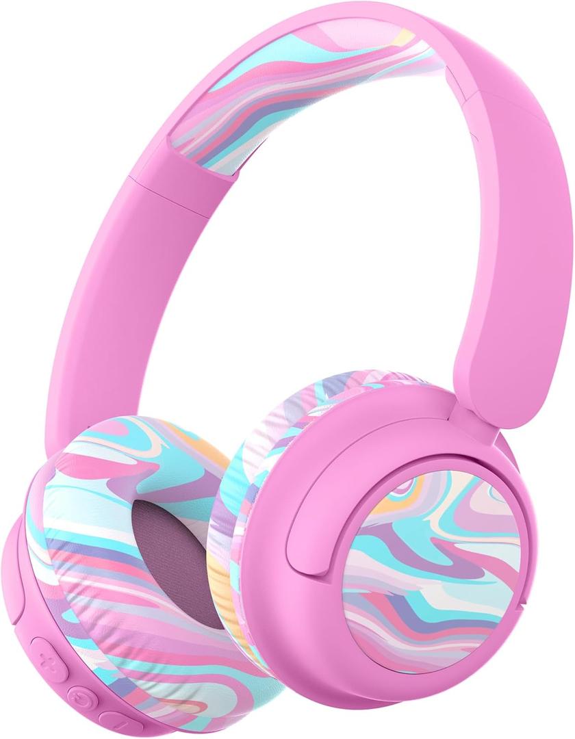 iClever BTH22 Kids Bluetooth Headphones, 60H Play Time, 74/85 dBA Safe Volume, Bluetooth 5.4, USB C, Over Ear Kids Headphones Wireless with Mic AUX Cord for iPad/Tablet/Travel/School, Pink-Stripe 