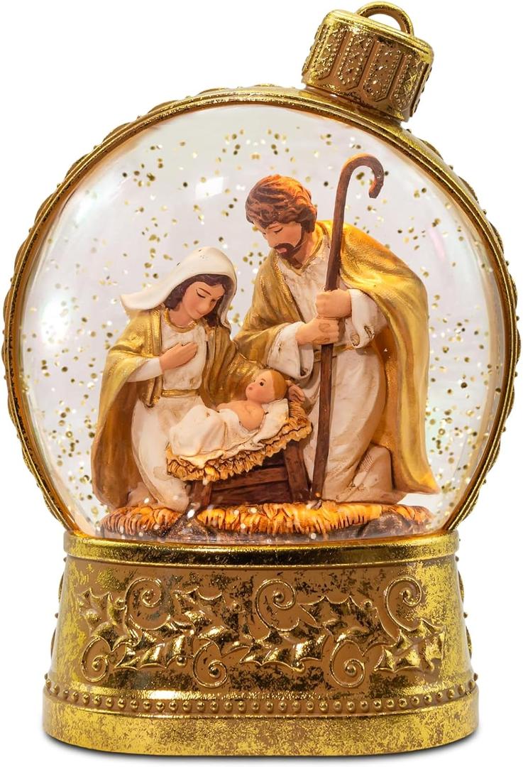 Christmas Snow Globes, 6.7" Nativity Glitter Water Lantern with Song, 6H Timer Battery & USB Powered Music Box for Christmas Decorations Indoor