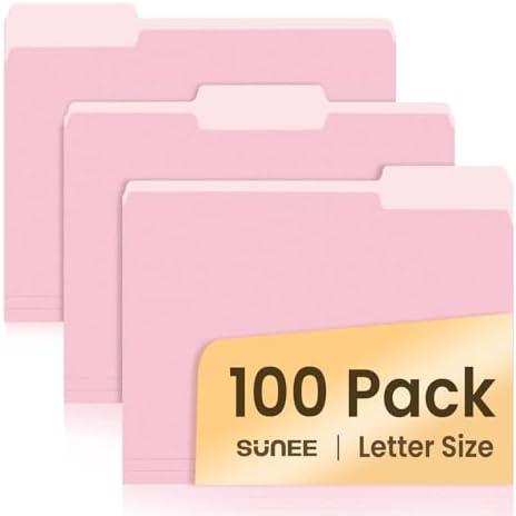 SUNEE File Folders Letter Size Pink, 100 Pack Manilla Folders 8.5 x 11 1/3-Cut Tabs, Colored File Folders Office Home School for Documents Files Paper