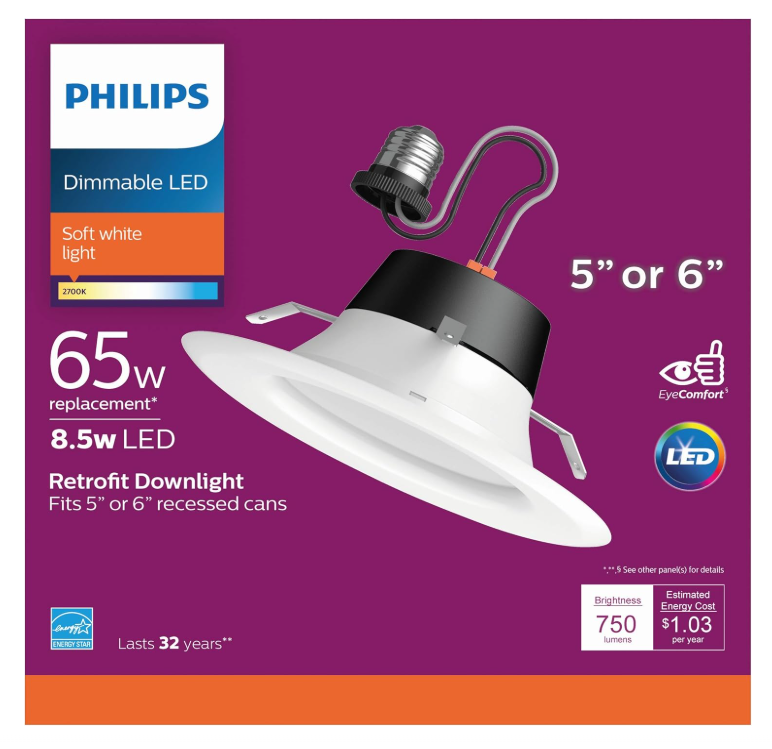 Philips LED Flicker Free 5"/6" Dimmable Recessed Downlight, EyeComfort Technology, 750 Lumen, Soft White Light (2700K), 8.5W=65W, E26 Base, Title 20 Certified, 6Count (Pack of 1)