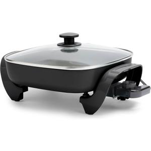 GreenLife 12" 5QT Square Electric Skillet, Glass Vented Lid, Ceramic PFAS-Free Nonstick Coated Interior, Adjustable Temperature Control, Cool Touch Handles, Quick Even Heating, Scratch Resistant,Black