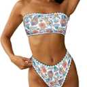 ZAFUL Women Strapless Textured Bandeau Bikini 2 Piece Swimwear Cheeky Solid Lace up Bathing Suits, Medium