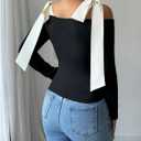 Women's Bow Knot Shoulder Colorblock T Shirt Long Sleeve Slim Fit Elegant Tee Tops (Large, Black)