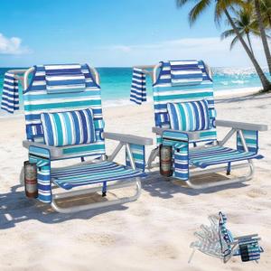 HOPERAN 5-Position Backpack Beach Chair for Adults with Lumbar Support, 2 pack, Blue&white