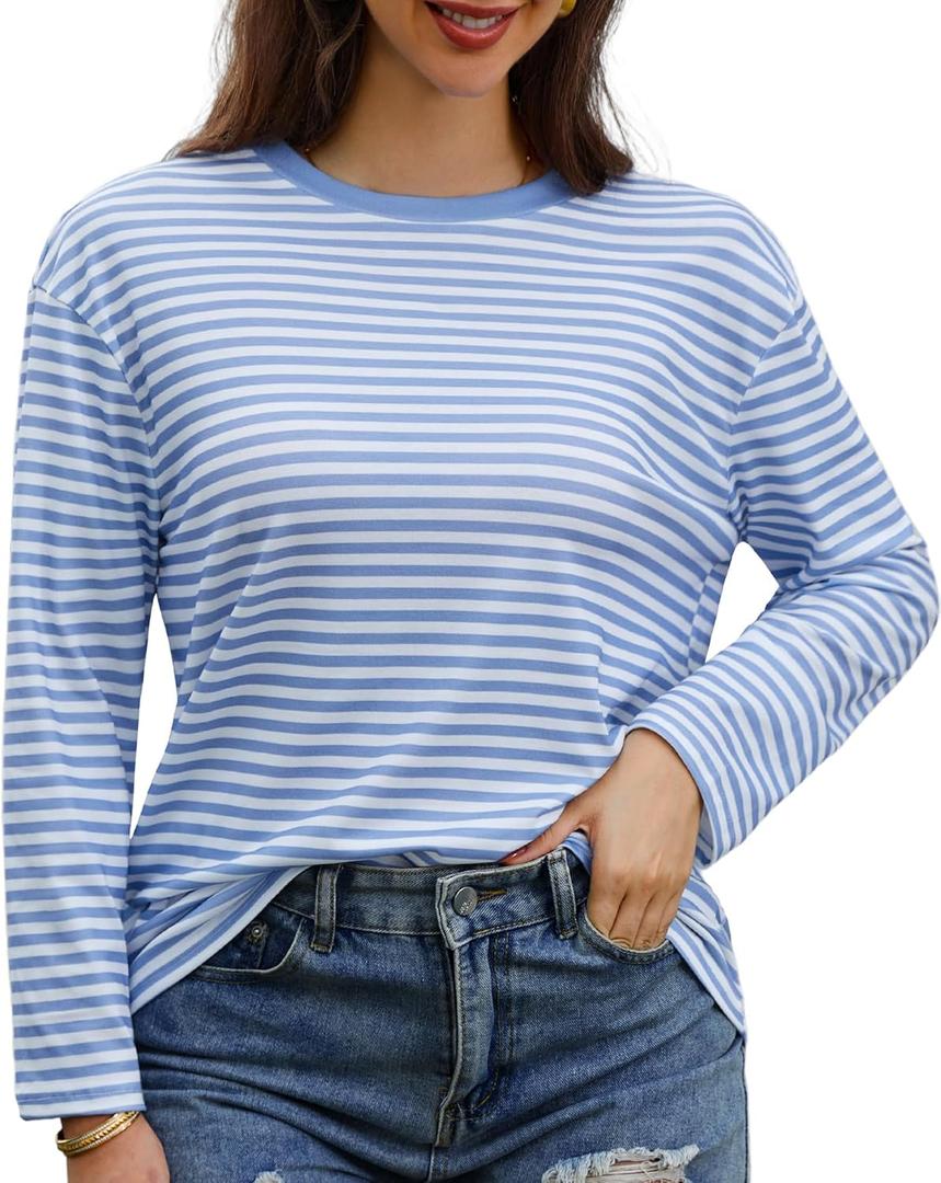 Gardenwed Long Sleeve Shirts for Women Striped Crewneck Loose Fit Basic Tops 2025 Fall T-Shirt (Blue, XXL)