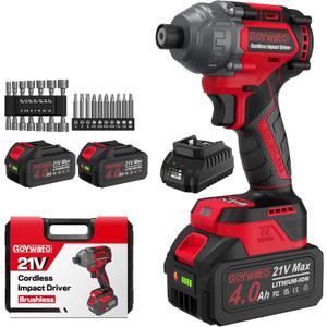 Cordless Impact Driver 2655In-lbs(300N·m) - 21V 1/4" Hex Chuck Brushless Impact Driver With 2 x 4.0Ah Batteries & Charger & 14 x Sockets Set & 10 x Screwdriver Bits for Home Projects & DIY Red