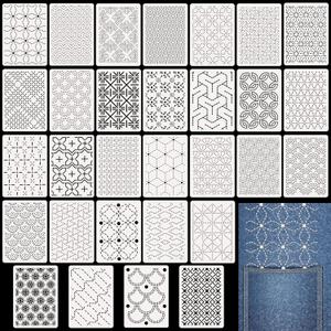 30 Pcs Plastic Sashiko Stencil 8.3 x 5.9 Inch Geometric Sashiko Pattern Template Drawing Line Quilting Stencil Embroidery Pattern Stabilizers for Sewing Hand Quilting and Embroidery