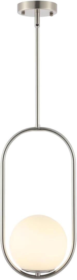 BYOLIIMA Modern Globe Pendant Light Brushed Nickel Chandelier 1-Light Mid Century Ceiling Hanging Lighting Fixture White Globe Glass Shades for Kitchen Island Dining Room Bedroom, 8 inches x 12 inches