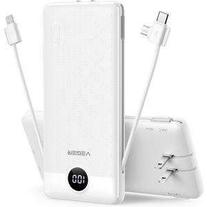VEGER Portable Charger for iPhone Built in Cables and Wall Plug, 10000mah Slim Fast Charging USB C Power Bank, Travel Essential Battery Pack Compatible with iPhones, iPad, Samsung More Devices(White)