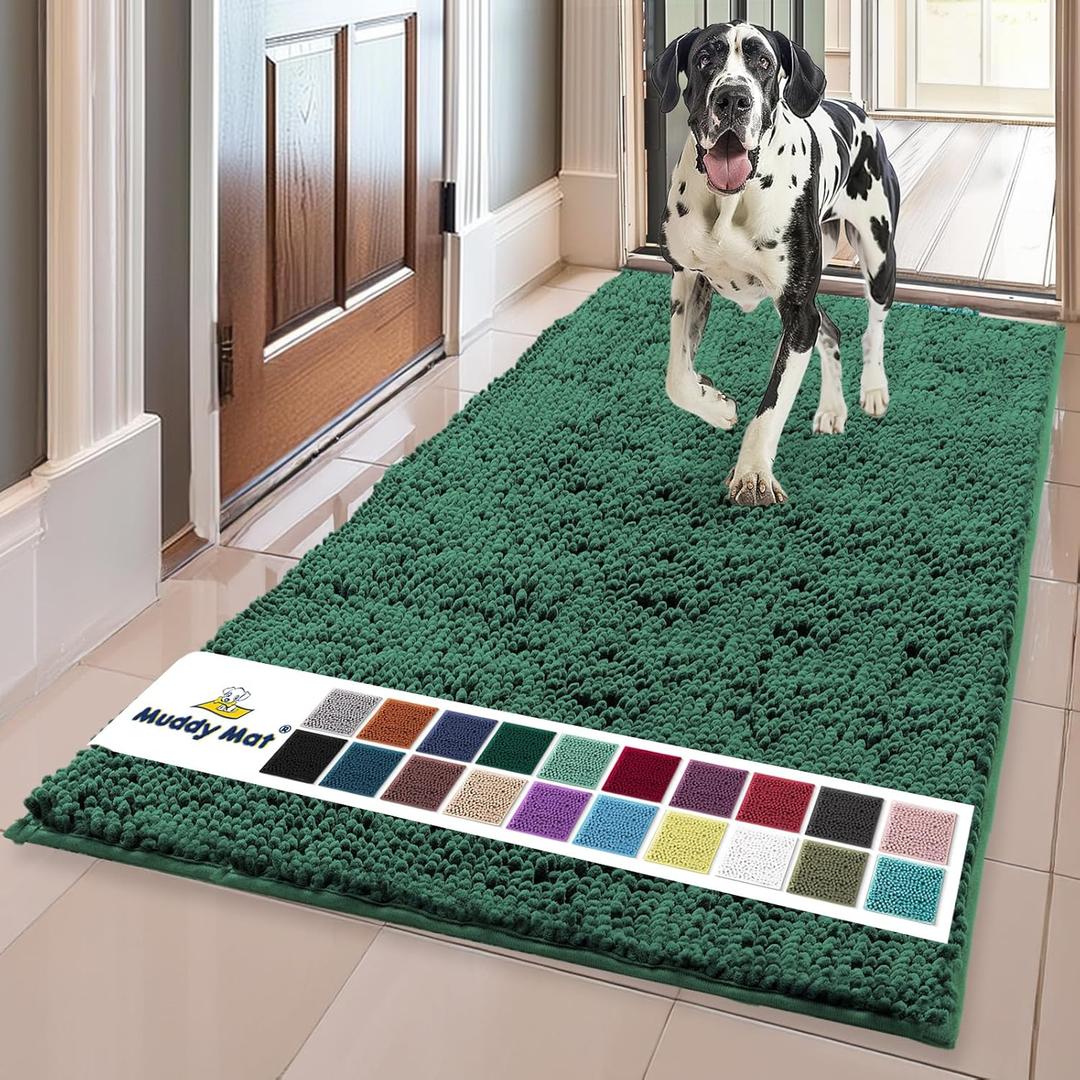 Muddy Mat Shown on TV  Super Absorbent Microfiber Dog Door Mat for Muddy Paws, Non-Slip Washable Pet Rug, Quick Dry Chenille Entryway Carpet, Machine Washable Indoor Outdoor mat, Dark Green 59"x35"