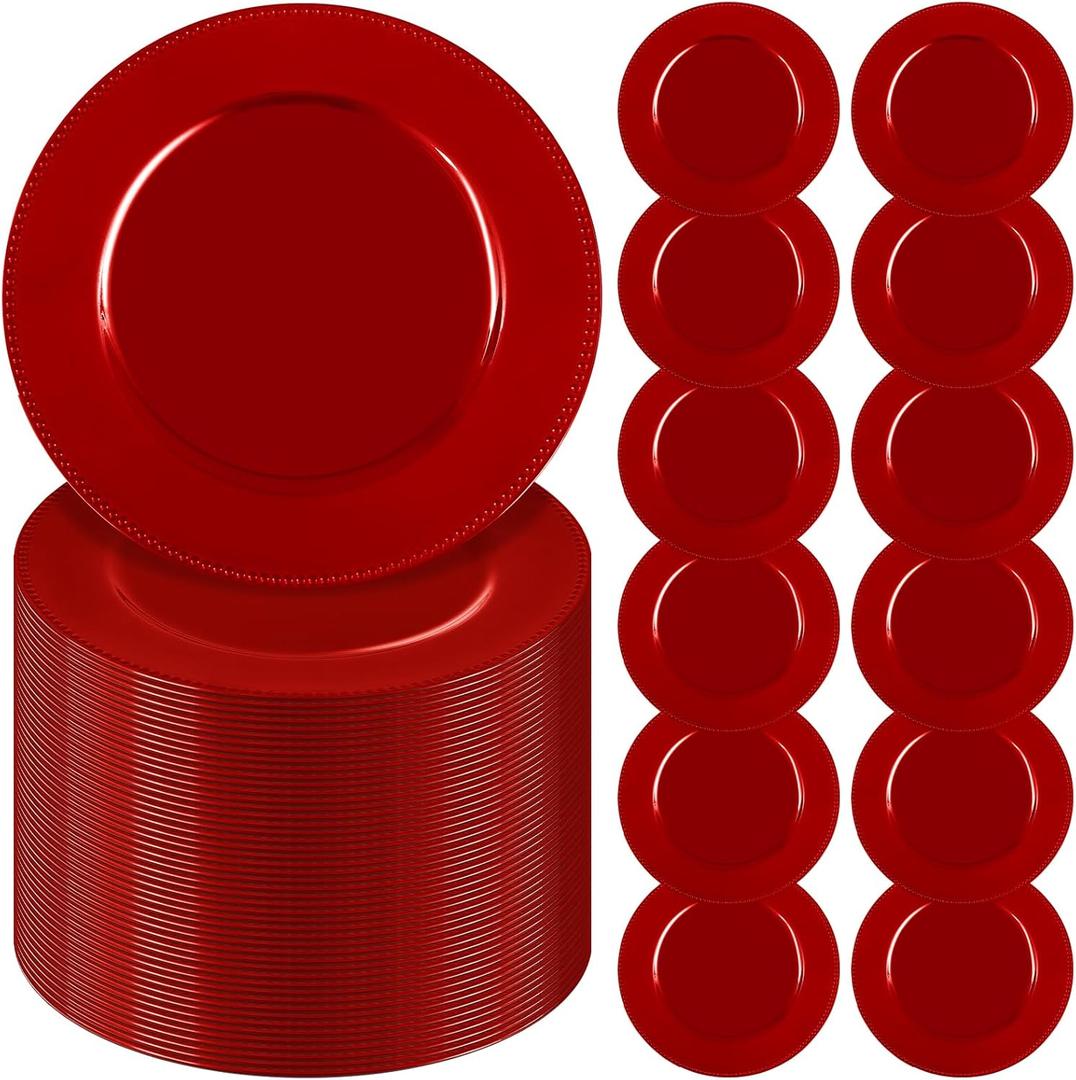 YMHPRIDE 60 Pack Red Plastic Reusable Dinner Charger Plates, 13'' Round Beaded Chargers Plates Vintage Table Decoration for Elegant Dining - Ideal for Weddings and Formal Events