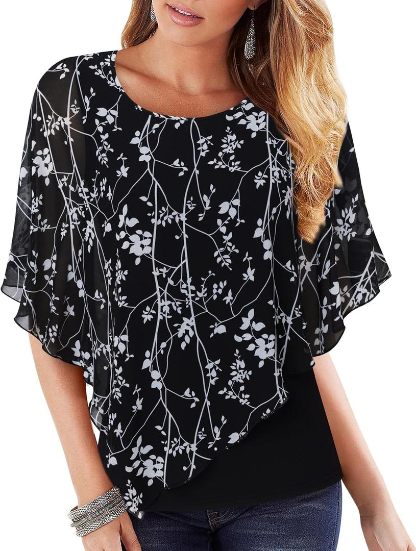 Lotusmile Women's Lightweight Flowy Shirt Double-Layered Printed Chiffon Poncho Blouse Top (Large, Ivy Black)