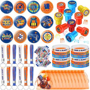 Honoson 110 Pcs Dart Battle Party Favors Supplies Battle Theme Stickers Temporary Tattoos Silicone Bracelets Keychains Badge Stamps with Organza Bags for Birthday Gifts Baby Shower Goodie Bag Fillers