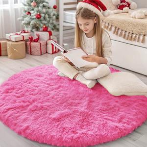 OLANLY Hot Pink Round Rugs for Bedroom - Machine Washable, 4 ft Circle Area Rugs for Living Room, Soft and Fluffy Shaggy Carpet for Teen Girls and Boys, Nursery Rooms, Dorms, Home Decor Aesthetic