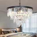24'' Modern Crystal Chandelier, Black Round Ceiling Light with Clear Prisms, Luxury Flush Mount Lighting Fixture for Dining Room Bedroom Foyer