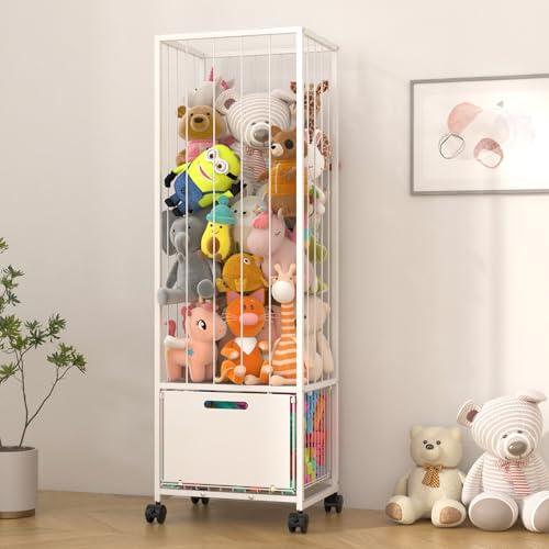 Bukfen Metal Stuffed Animal Storage Zoo Extra Large Stuffed Animal Holder Space Save Toy Organizer PVC with Basket and Wheels for Nursery Playroom Bedroom,D15.75 x W12.68 x H51.18 inch,White