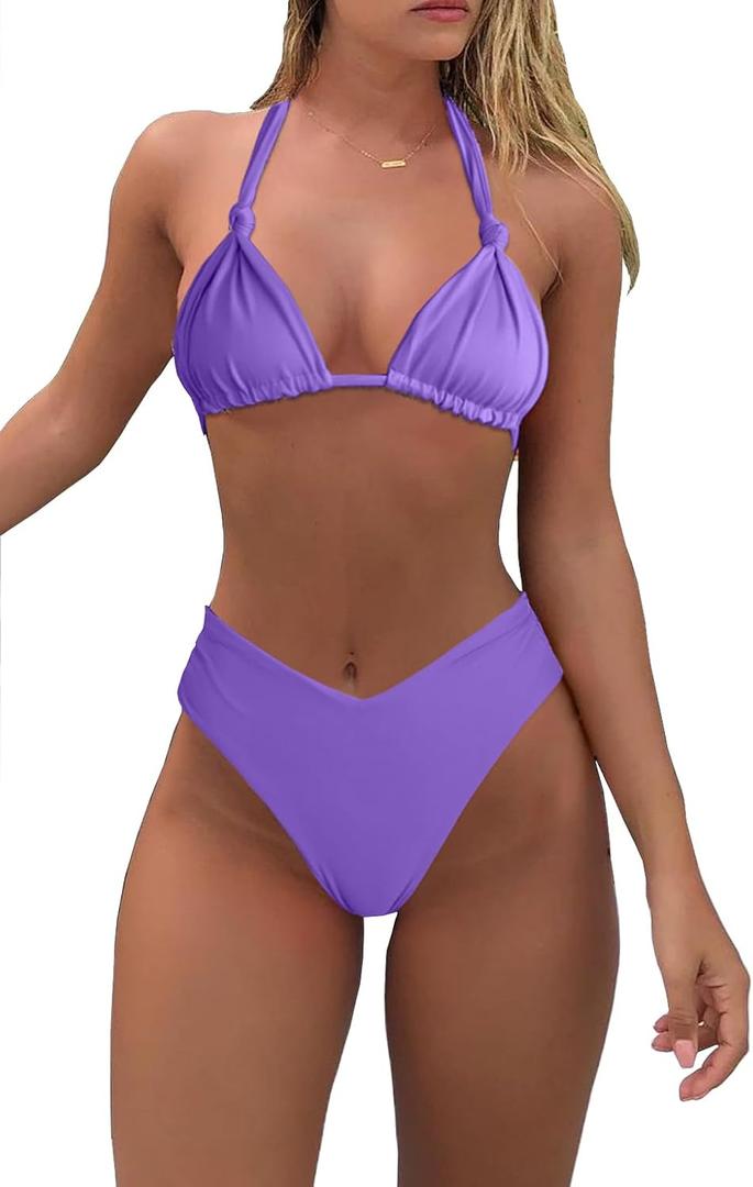 Bikini Sets for Women Sexy Halter Triangle String Bikini Cheeky V Cut High Waisted Thong Swimsuits 2 Piece (Size Medium, Dark Purple)