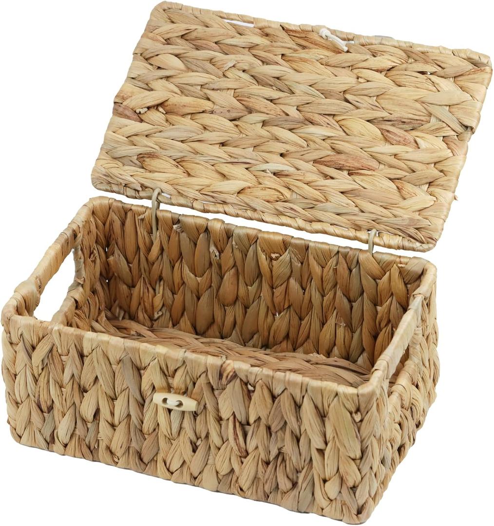Small Wicker Basket with Lid, Natural Water Hyacinth Storage Baskets for Organizing, Rectangular Woven Basket for Storage, Decorative Boxes Bins with Lids and Built-in Handles (10.2" x 6.3" x 3.9")