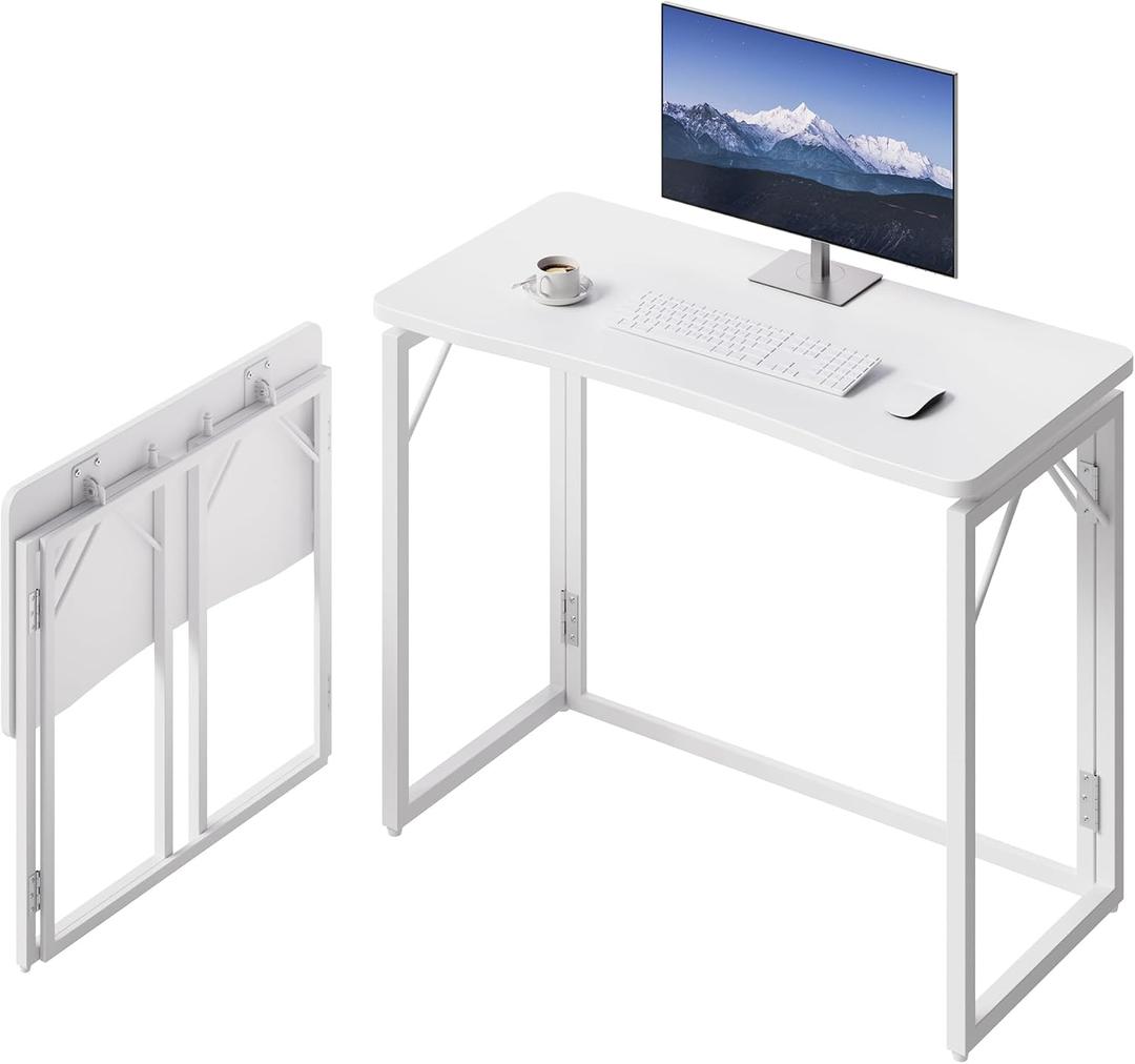JOYMOOP White Folding Desk - 31.5", No Assembly Small Foldable Desk for Home, Office, Wooden Top Folding Computer Desk for Working, Writing, Studying, 31.5" Width