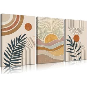 3Pcs Framed Boho Abstract Wall Art Orange Rainbow Sun Desert Minimalist Picture Mid-Century Modern Poster Prints Neutral Botanical Geometric Canvas Painting Wall Decor for Living Room 24L" x 16W"