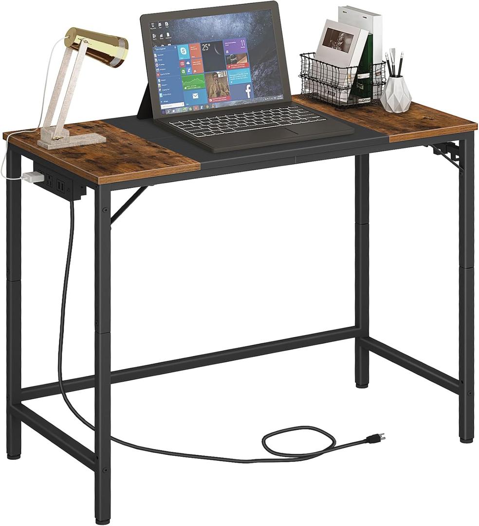 HOOBRO Computer Desk, Home Office Desk with Power Outlet, Modern Study Writing Desk with 3 Hooks for Study Room, Home Office, Sturdy and Stable, Easy to Assemble, Rustic Brown and Black BF40UDN01