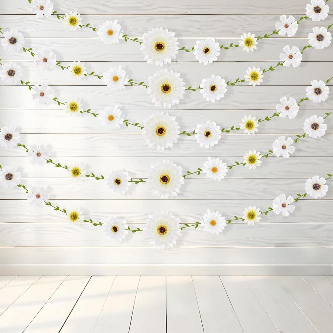 Outus 73 Pcs Daisy Wildflower Garland 98.5ft Artificial Flowers Vines Leaves Banner Hanging Floral Garland Decorations for Baby Shower Garden Wedding Party Wall Background DIY Craft(White)