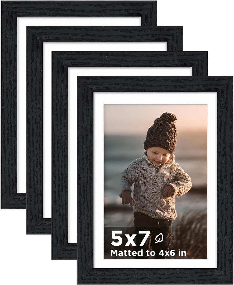 KINLINK 5x7 Picture Frame Black Wood Set of 4, Wooden Photo Frame Matted 4x6 with Plexiglass for 4x6 with Mat or 5x7 without Mat for Table and Wall Display
