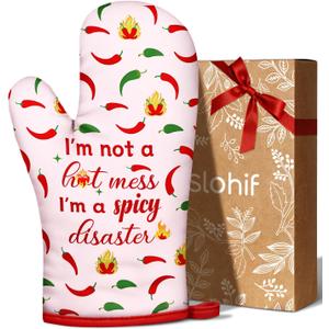 Slohif Funny Oven Mitt Heat Resistant for Women - 1 Pack Pink Cute Novelty Cool Kitchen Oven Mittens with 100% Cotton for Baking and Cooking Accessories (Hot Chili)